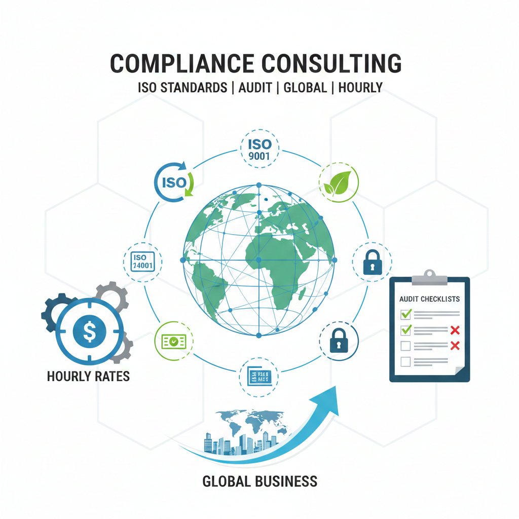 Illustration explaining ISO compliance consultant hourly rate and global consulting earnings