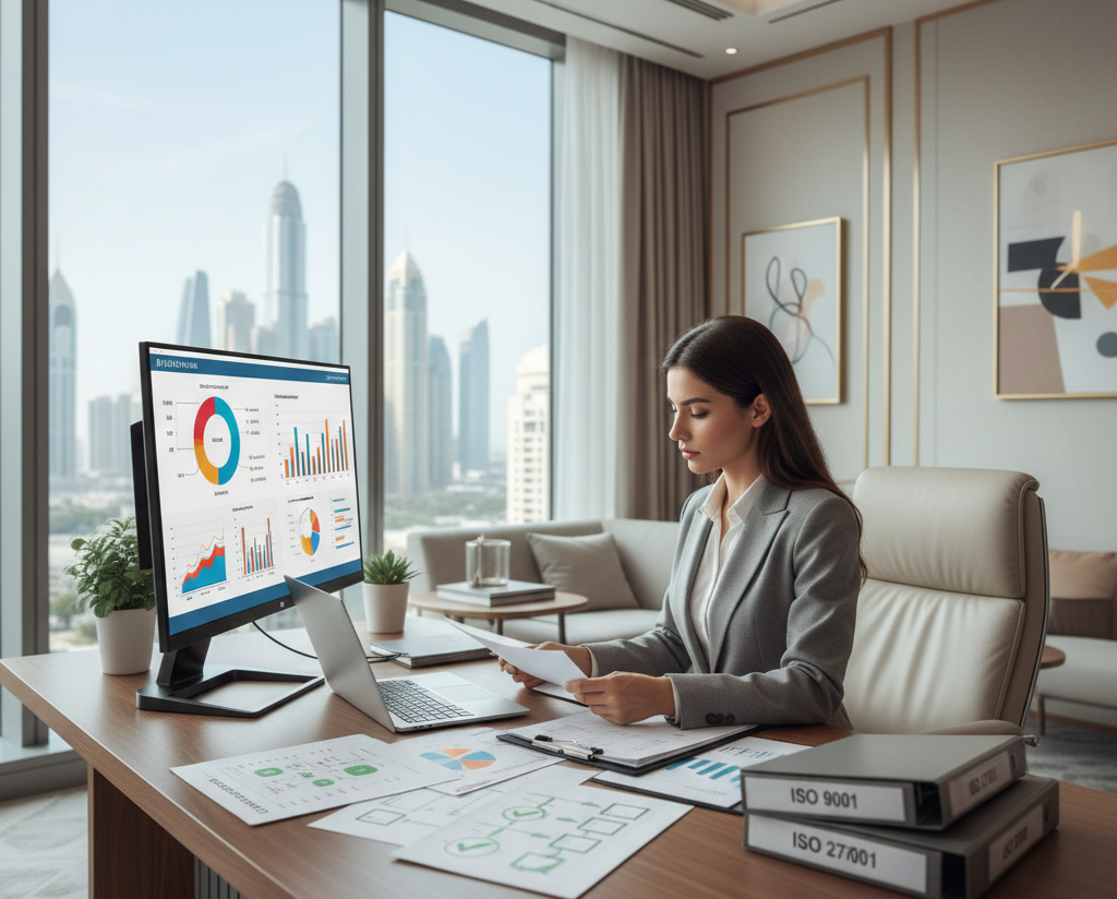 ISO consultant reviewing compliance documents and audit reports in a professional office environment