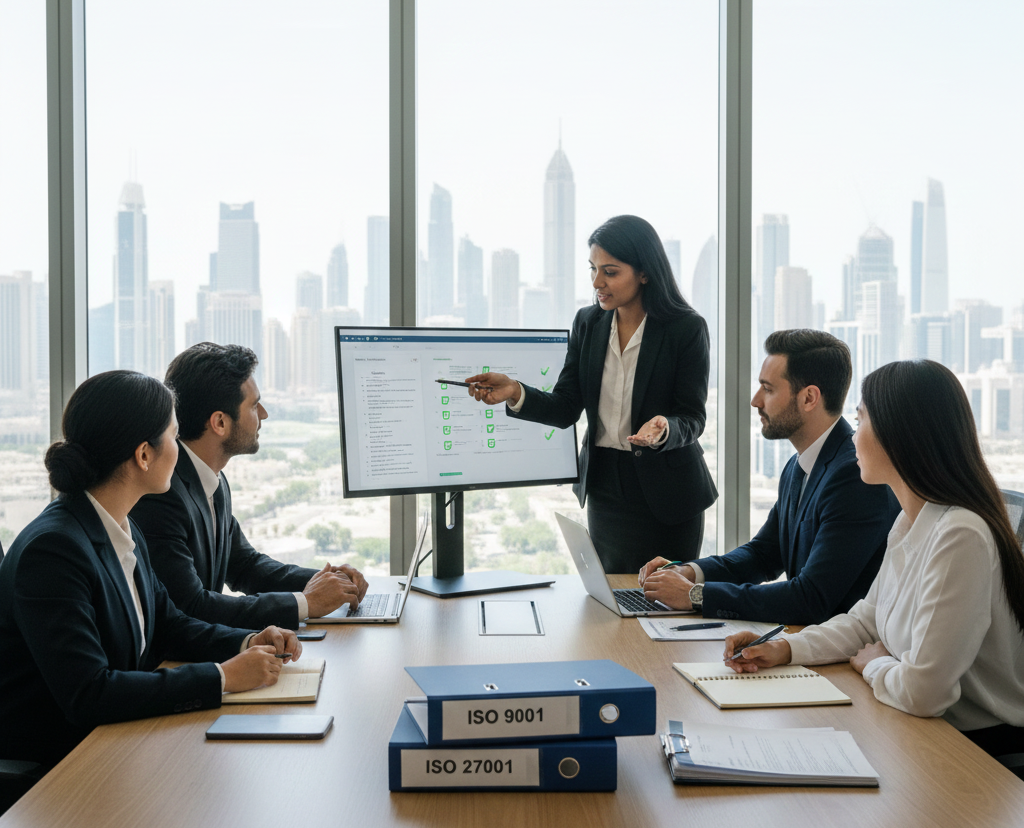 Business consultant explaining the importance of ISO certification and compliance standards to a professional team