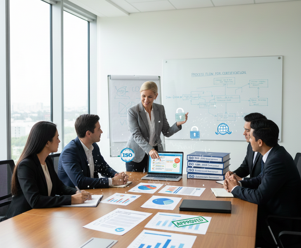 Business team discussing what being ISO certified means with an ISO consultant during certification planning meeting