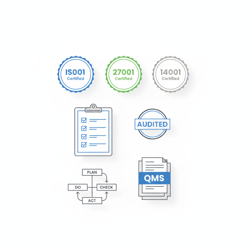 Illustration showing ISO 9001, ISO 27001 and ISO 14001 certification icons with audit checklist, QMS documents, and compliance workflow graphics representing ISO consulting services.