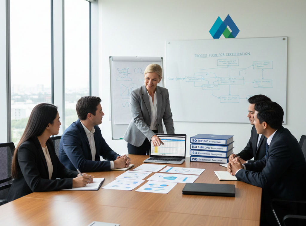 ISO consultant reviewing ISO certification documents and compliance processes with a corporate team in a meeting room