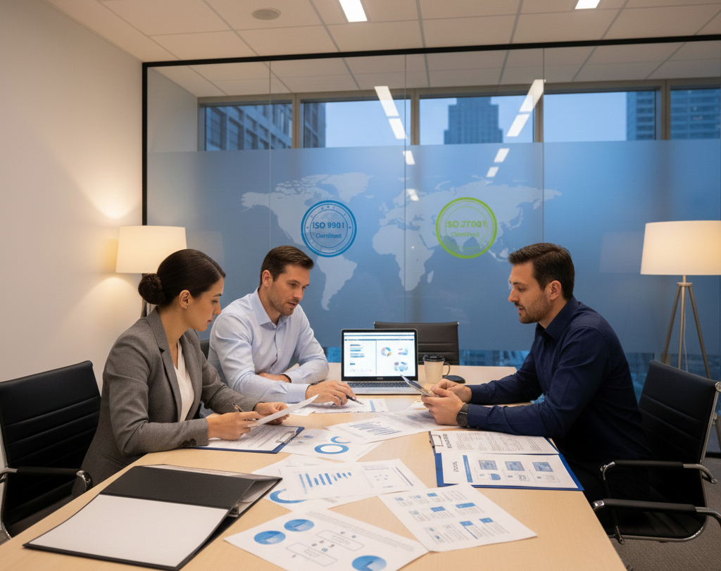 Business consultants reviewing ISO certification documents during a strategy meeting in a modern office.
