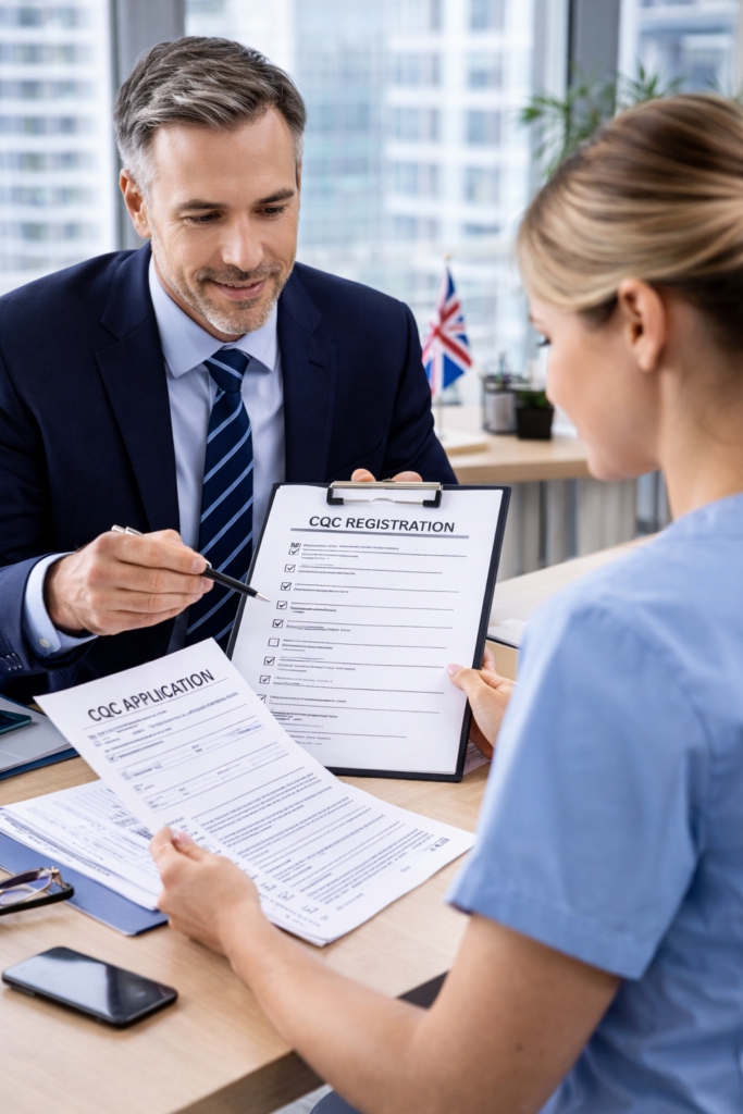 Care provider reviewing CQC registration process UK documents with a compliance consultant in a professional office setting.