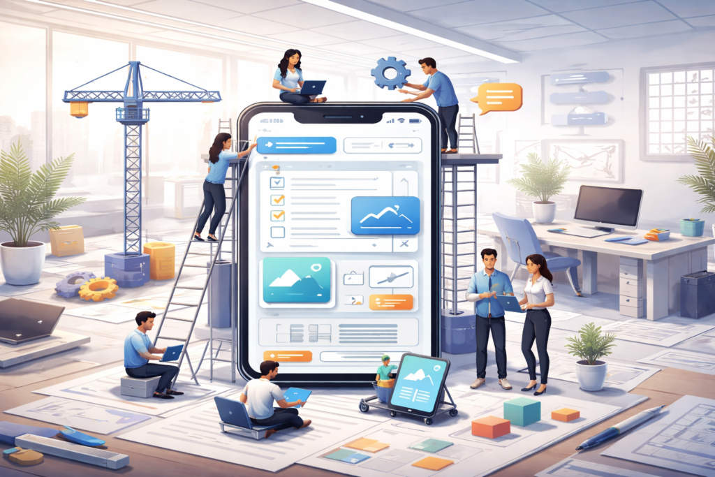 Developers planning a mobile application build using wireframes.