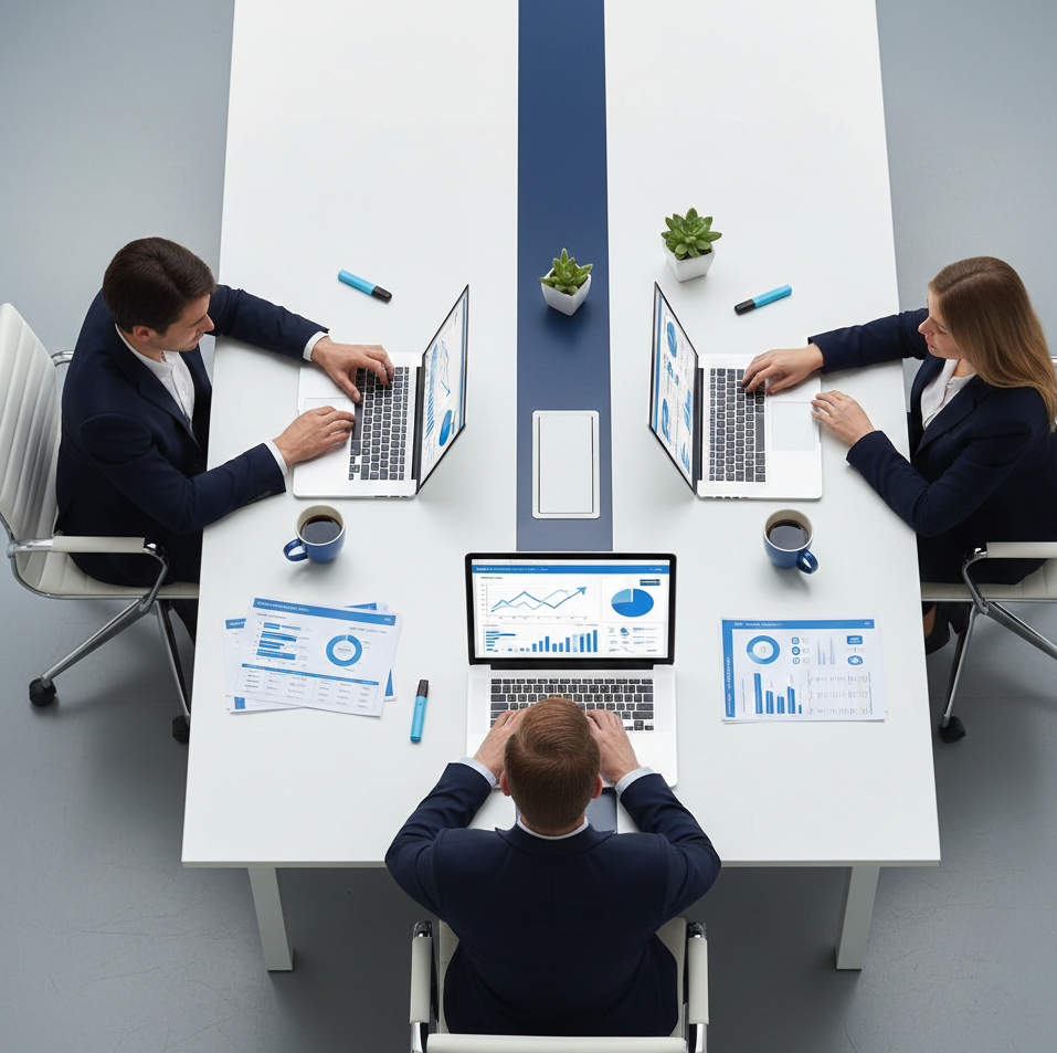 Top-down view of professionals analysing digital marketing data with laptops, charts, and analytics dashboards, representing data-driven SEO and PPC strategies.