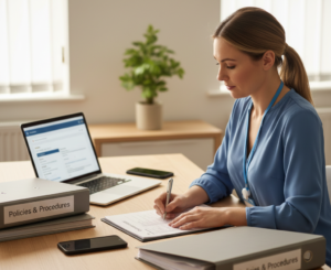 Domiciliary care coordinator preparing registration documents and compliance policies for a UK care provider.