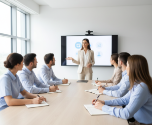 Trainer delivering a professional compliance and development session to staff in a classroom setting.
