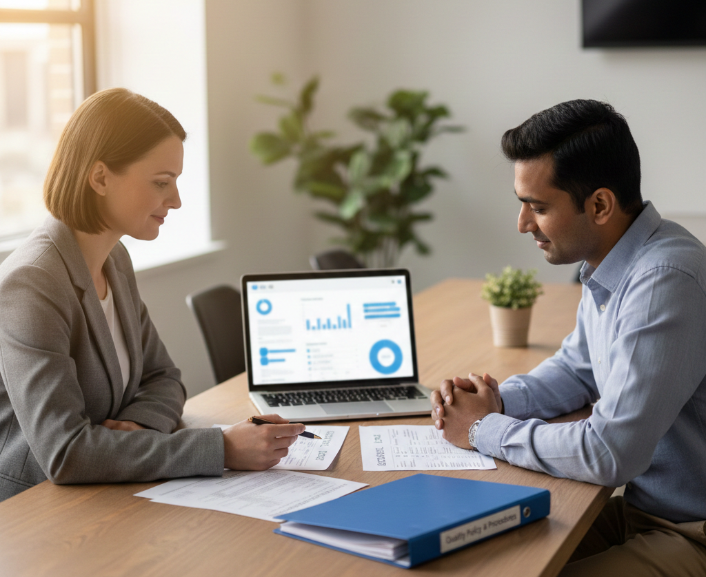 Care provider manager meeting a compliance consultant to review quality systems and CQC readiness.