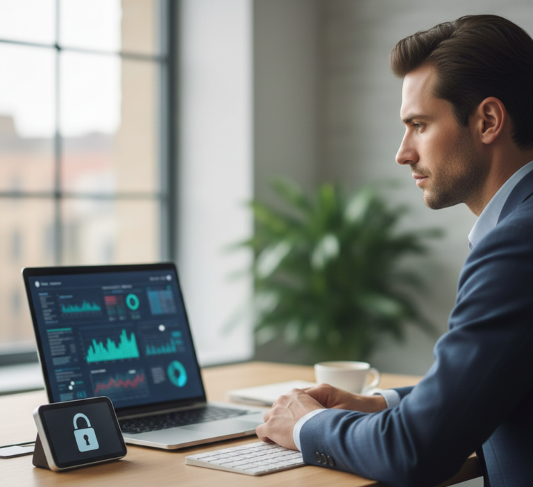 Cybersecurity monitoring setup focused on protecting business systems and data.