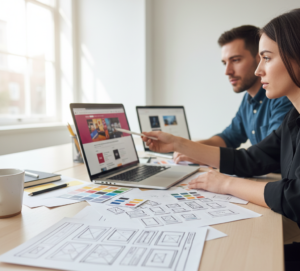 Designer and developer planning a website layout using wireframes and UI components.