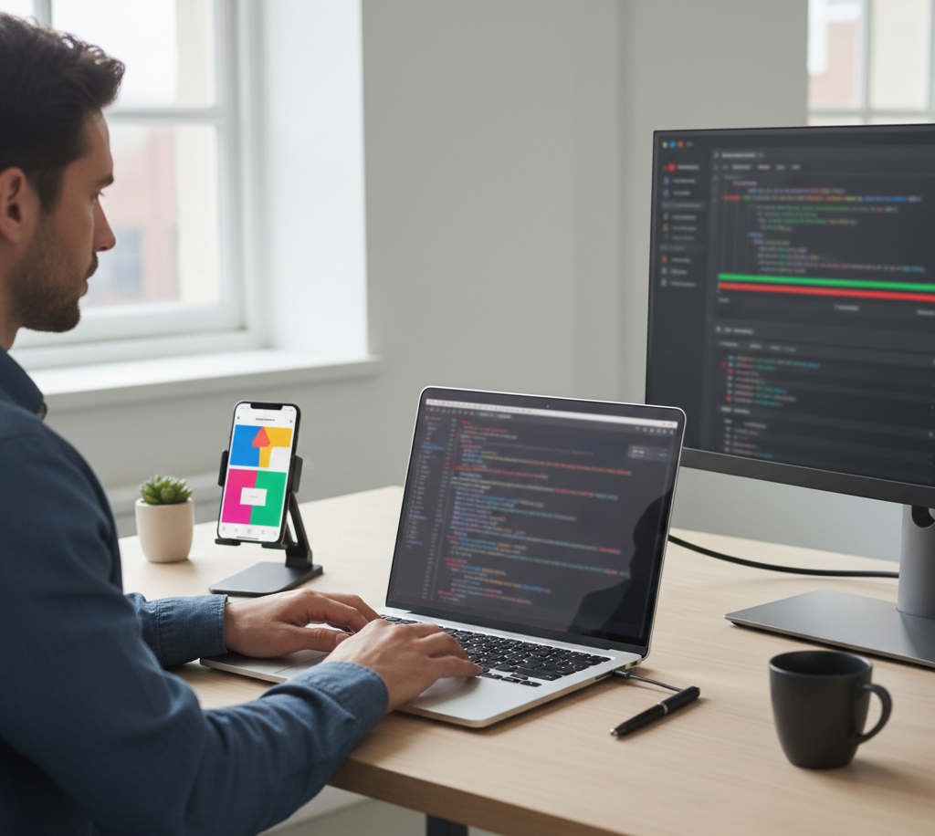 App development in the UK with developer coding a mobile application