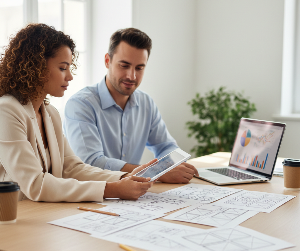 Digital marketing strategy meeting reviewing campaign goals, content planning, and performance metrics.