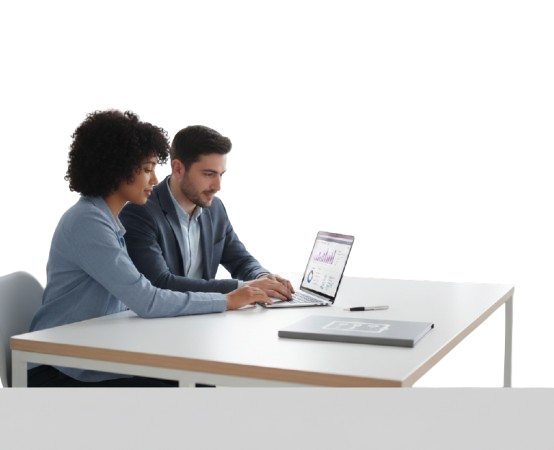 Consultants reviewing service requirements and compliance documentation in a clean modern workspace.