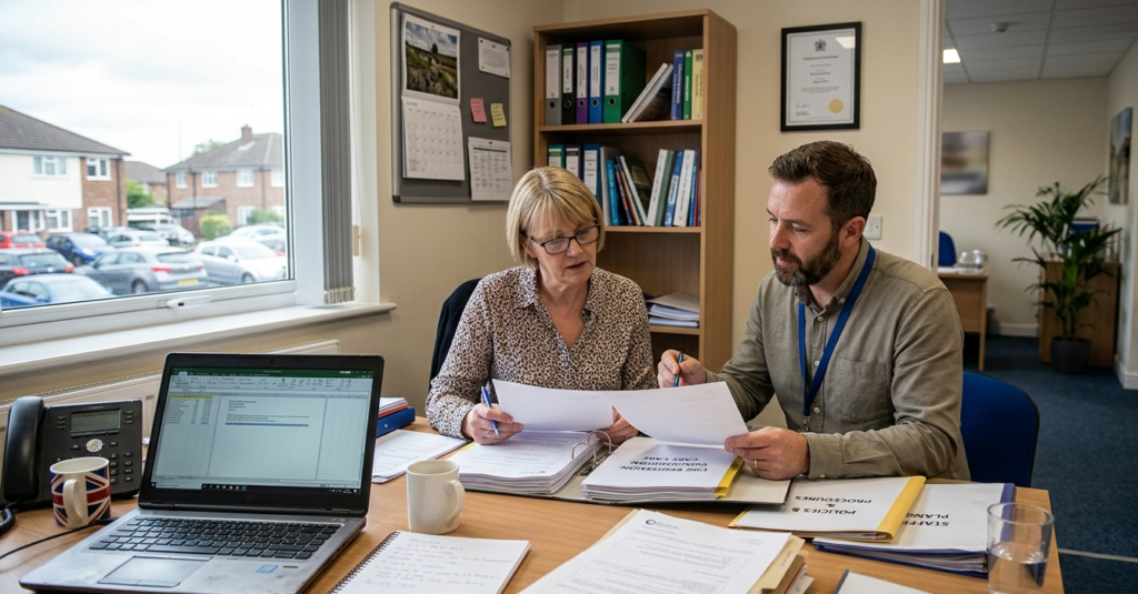 Care manager reviewing documents for the CQC registration process in a UK office
