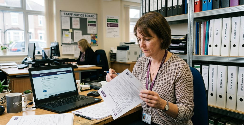 Care provider preparing documents for CQC registration UK