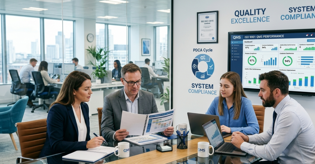 ISO 9001 certification UK process business team reviewing quality management system

