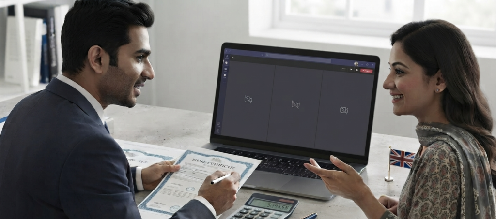 Professional workspace showing UK company formation costs, registration documents, and compliance tools